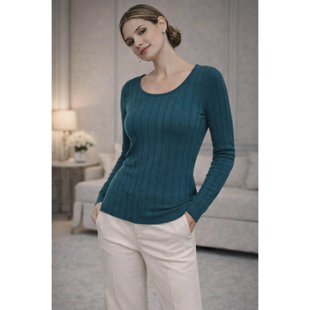 ANTHROPOLOGIE Green Ribbed Knit Long Sleeve Top Teal Scoop Neck Womens Size S